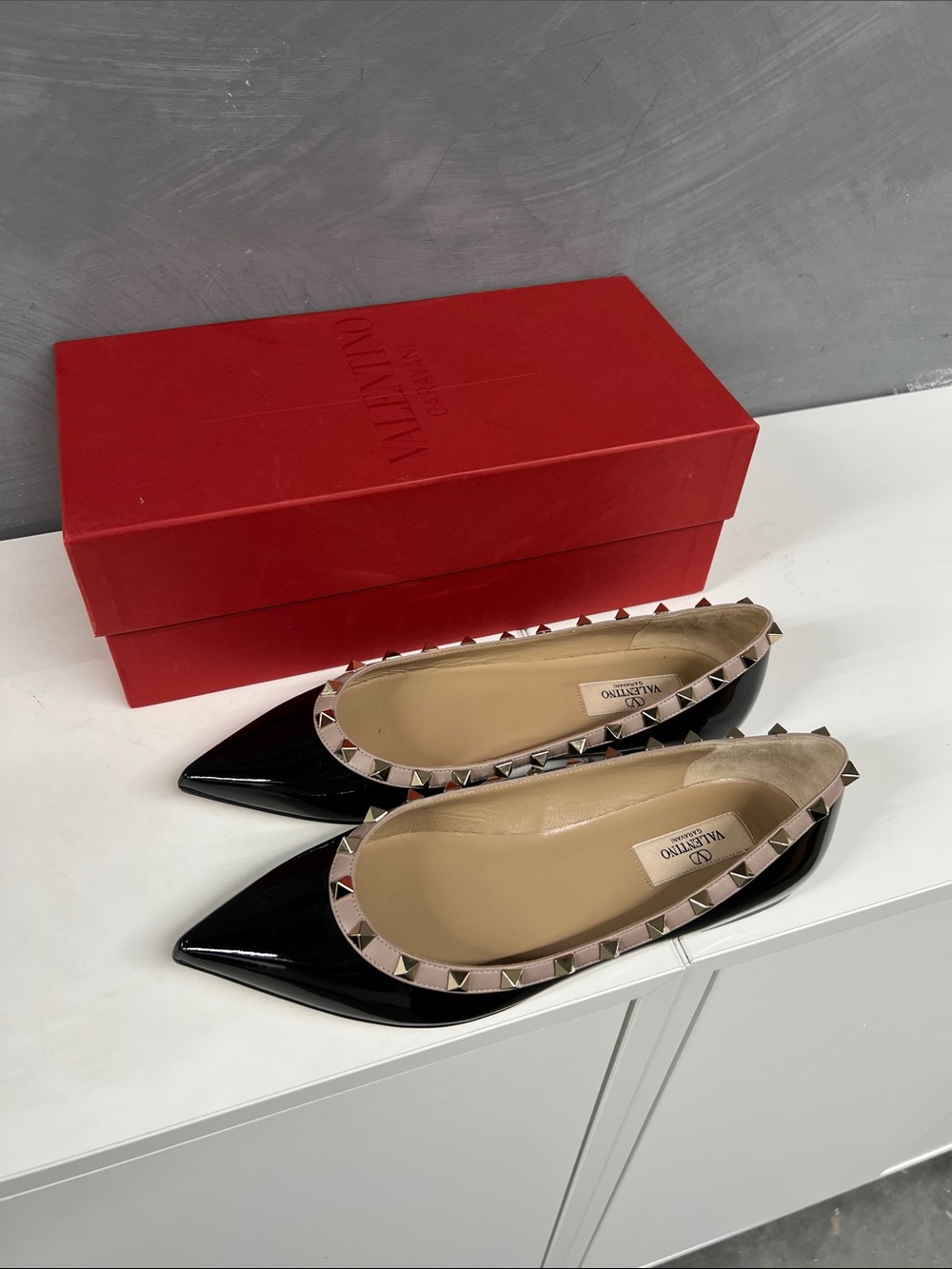 Valentino Black Patent Leather Rockstud Pointed Ballet Flats